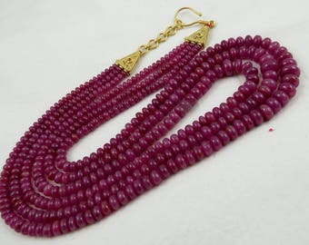 Amazing 3 Line 590Carats Natural Unheated RUBY RONDELLE BEADS Necklace With 925 Silver Hook