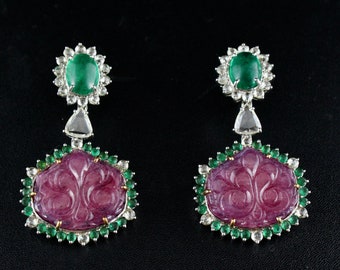 Natural Untreated EMERALD Cabochon RUBY Carved Rosecut Diamond 18k Gold EARRING