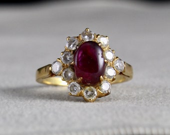 Old Natural Ruby Star Ring 18K Gold Diamond Untreated Stone Cabochon Designing