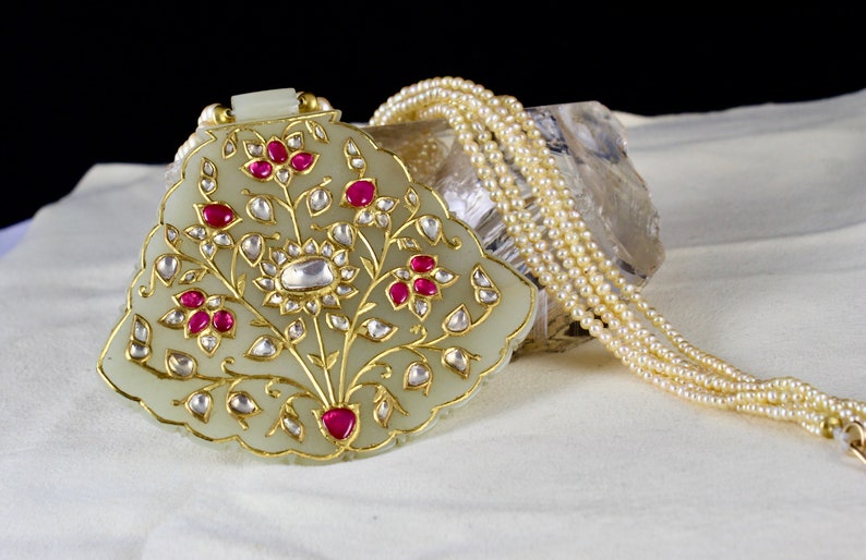Antique Estate Old Jade MUGHAL Unheated Ruby DIAMOND 22K Gold Pearl