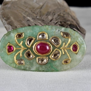 Mughal Style Emerald Quartz Carved Gemstone Pendant – Accented with Ruby, Diamonds, and 22K Gold