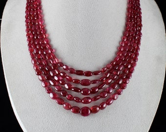 Natural Spinel Beaded Necklace 5 Line 617 Carats Well Matched Cabochon Red Gemstone