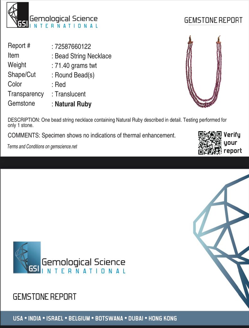 May include: A gemstone report from Gemological Science International. The report details a bead string necklace with round red beads made of natural ruby, weighing 71.40 grams. The report includes a QR code to verify the report.