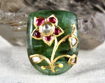Natural Emerald Cabochon Gemstone 59 Carats Studded With Ruby Diamond 22K GOLD For Pendant Ring