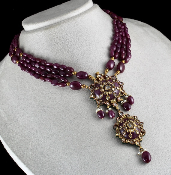 Important Natural Unheat RUBY Cabochon & Beads DIamond 18K GOLD Jadau Necklace