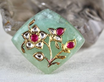 Finest MUGHAL COLOMBIAN Emerald Cabochon Gemstone Studded With Ruby & Diamond In 22K GOLD