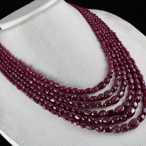 Natural Untreated Ruby Tumble Necklace with Silk Cord - 6-Line Multi-Strand Beads - 782 Cts Precious Gemstone - Perfect July Birthstone Gift