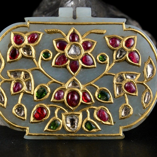 Estate Antique Old JADE MUGHAL PENDANT Studded In Ruby Diamond Emerald In 22K Gold