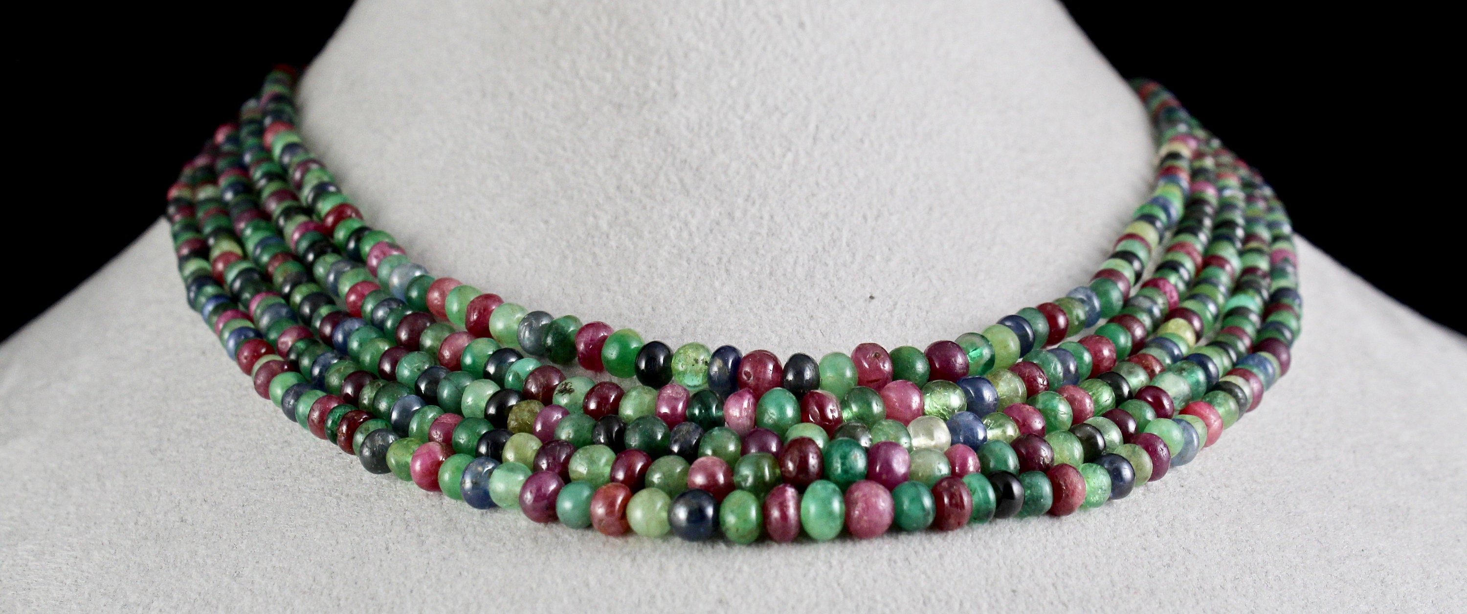 588.00 CTS EARTH MINED RUBY EMERALD & SAPPHIRE 6 LINE ROUND BEADS NECKLACE 