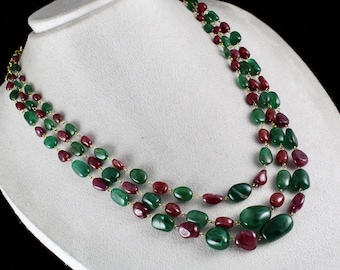 Natural Zambian EMERALD Burmese RUBY Long Tumble BEADS 587 Carats 18K Gold Antique Necklace