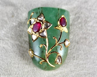 Mughal Natural Emerald Cabochon Gemstone Ruby Diamond 22k Gold Pendant Design