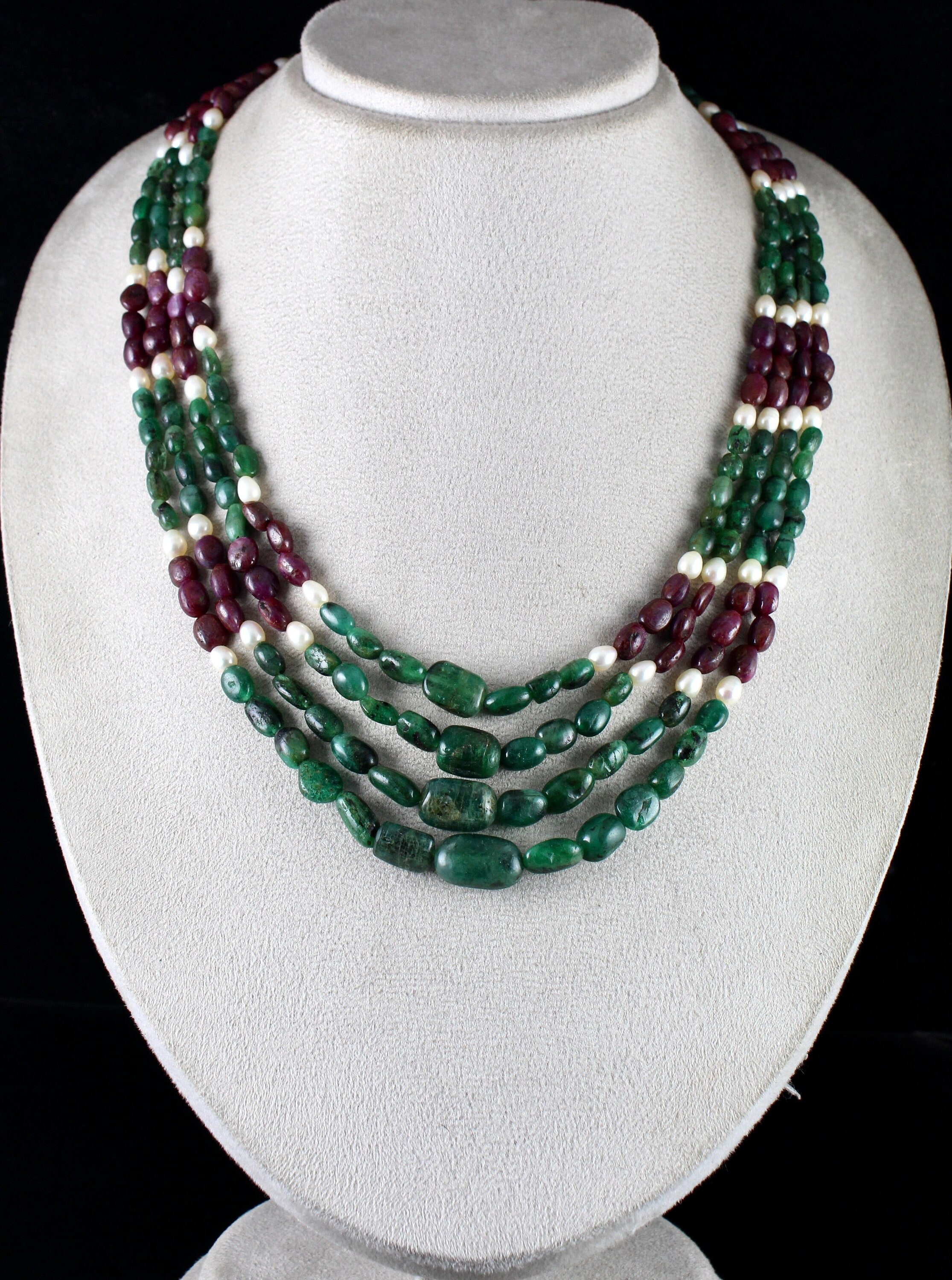 Estate Antique Natural RUBY EMERALD Pearl Beads 4 Line 550 Carats