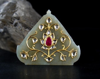 Estate Old PERSIAN JADE PENDANT With Flat Diamond Natural Ruby 22K Yellow Gold