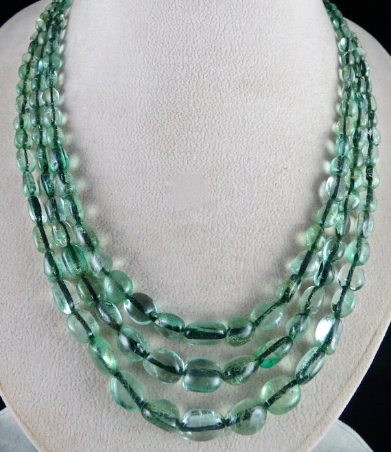 Certified Natural Emerald Necklace – 396 Carats, Long Beads, Authentic Estate Jewelry