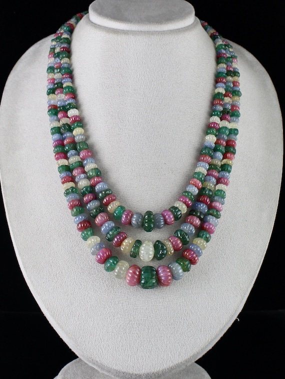 Estate Natural Emerald Ruby Blue Yellow Sapphire Melon Carved