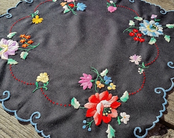 Hungarian Vintage Traditional Handmade hand embroidery black Floral Flower  Tablecloth  Doily Centerpiece