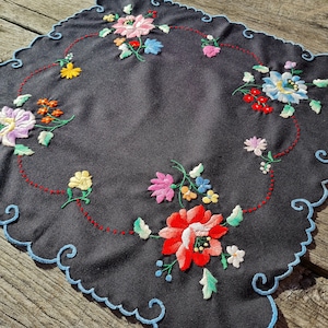 Hungarian Vintage Traditional Handmade hand embroidery black Floral Flower  Tablecloth  Doily Centerpiece