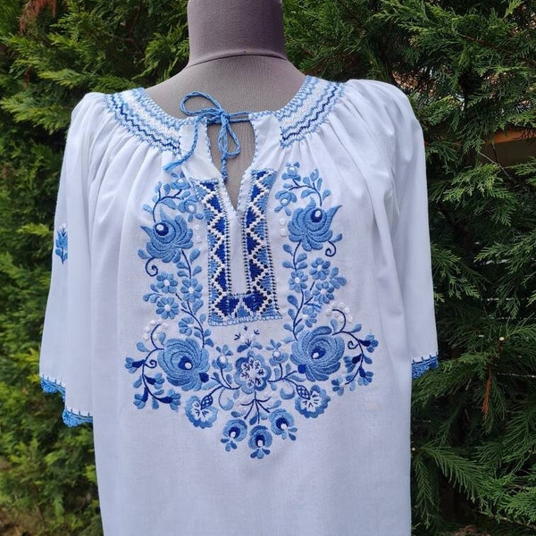 Vintage Hungarian White  and blue floral Blouse handembroidered,  Peasant blouse, embroidered blouse, Hungarian hand embroidered