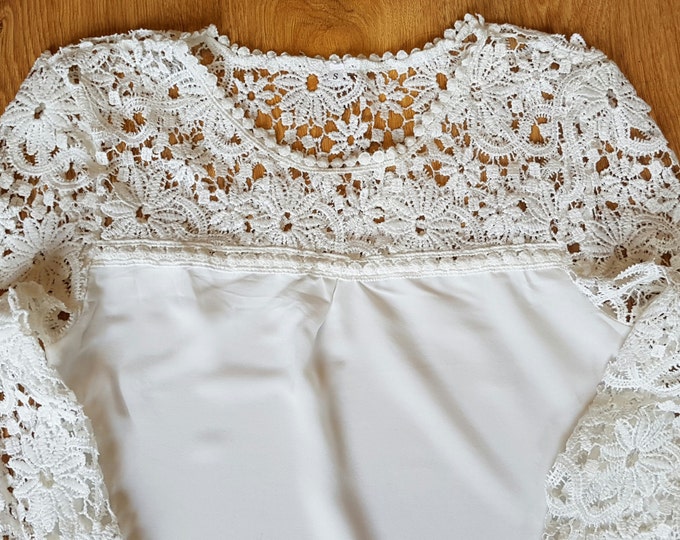 White Wedding Top, White Lace Blouse, White Lace Clothing, French Ballet Neck Blouse, Boho