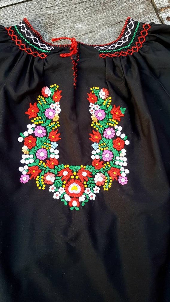 Hungarian Black Blouse Floral handembroidered, Pea