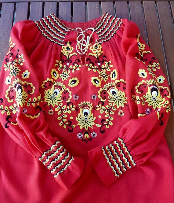 Vintage Hungarian Red Blouse Floral handembroidere