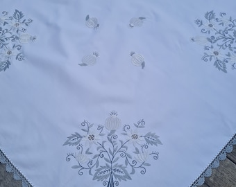 Unique and rare large square traditional hand embroidered Hungarian white and silver cotton tablecloth