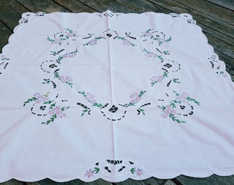 Vintage white and purple linen square tablecloth shabby floral Purple embroidery Flowers machine embroidered table cloth