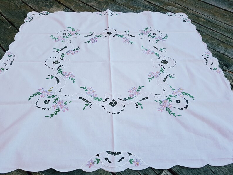 Vintage White and Purple Linen Square Tablecloth Shabby Floral Etsy