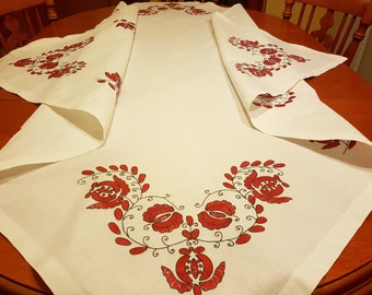 Large red and white hand made tablecloth, nyárádmenti, Transylvanian folk rare tablecloth