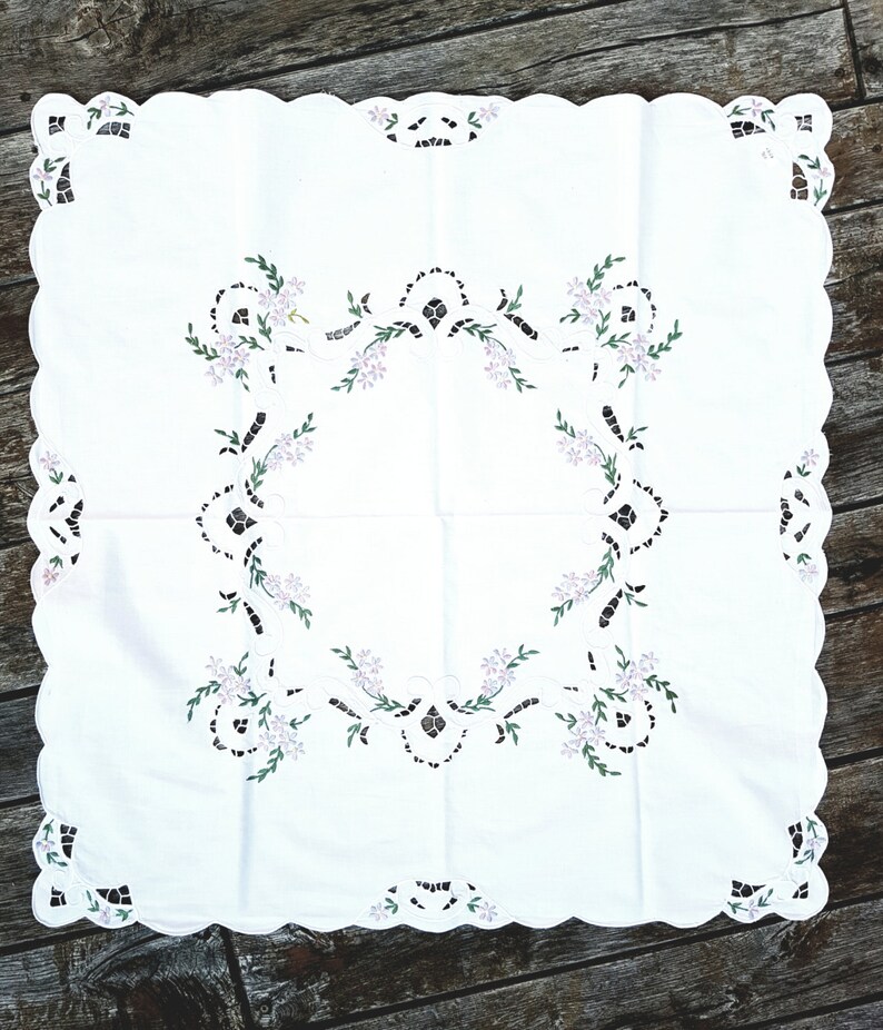 Vintage White and Purple Linen Square Tablecloth Shabby Floral Etsy