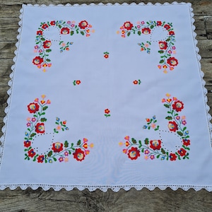 Large vintage tablecloth with multicolor floral design,hand embroidery tablecloth, cross stitch tablecloth, Flowers table cloth