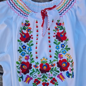 Hungarian hand embroidered and hand smocked folk blouse, richly embroidered  blouse, Folk Costume embroidered
