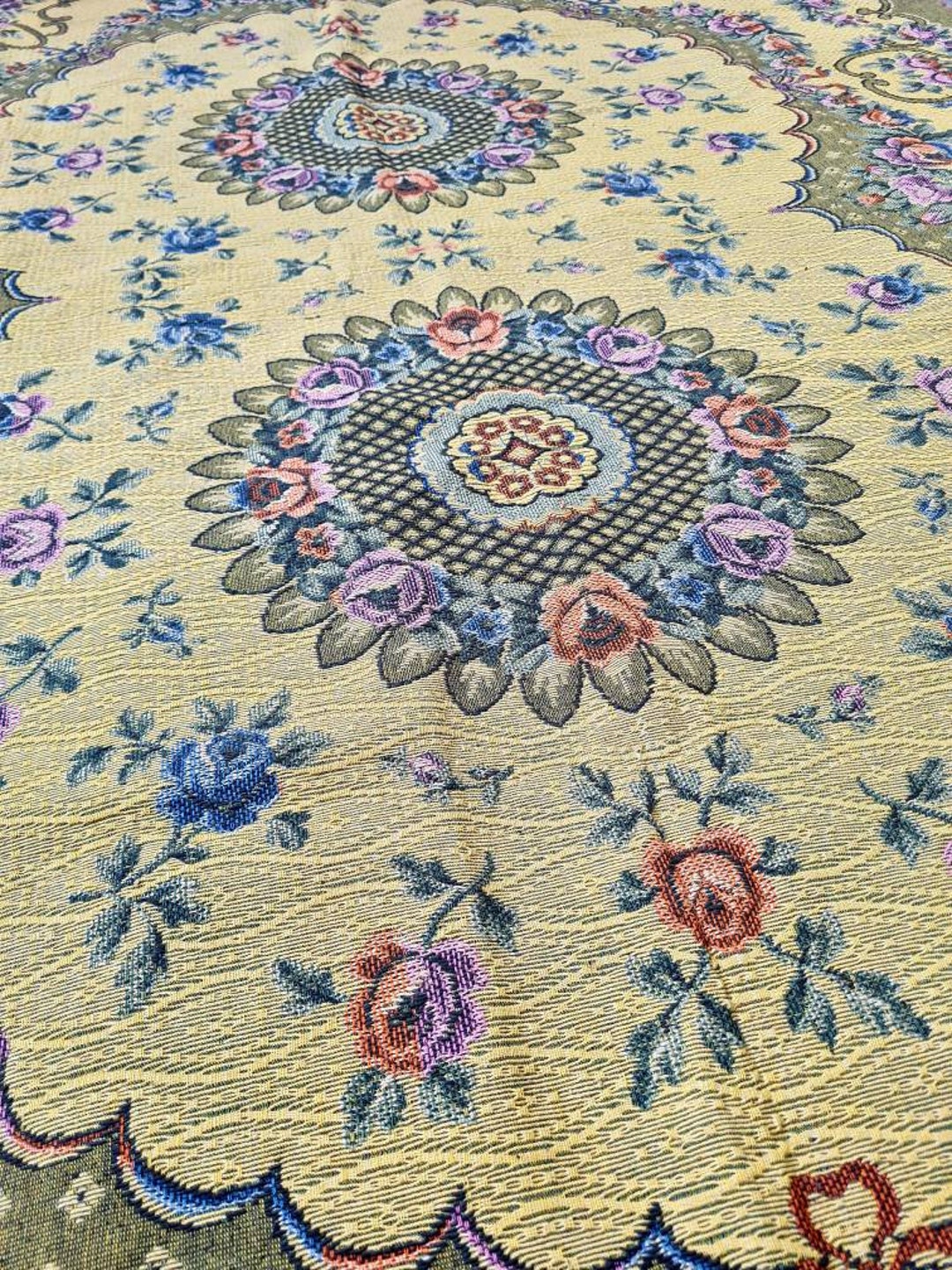 Vintage Large French Tapestry Fabric Woven Tablecloth Textile Etsy