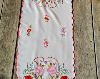 Vintage hand embroidered  table runner  hand made  embroidered with colorful flowers, cotton tablecloth , table runner