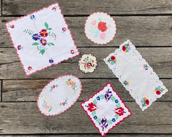 Set of 6 pieces Vintage Traditional  table runner , hand made  embroidered with colorful flowers, cotton tablecloth , table runner RE