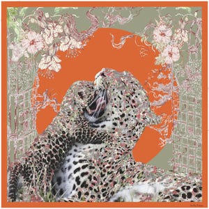 Scarf "Leopard", orange, exclusive print, Stella Polare Paris, 90x90 cm, created in Paris, made in Italy, gift for her/him, 100% twill silk