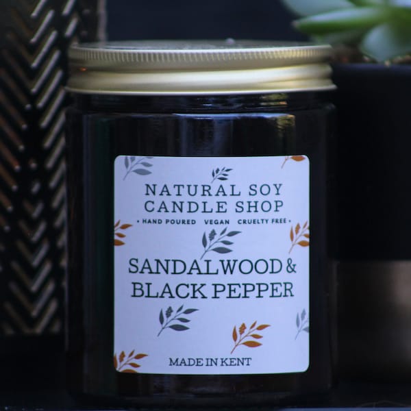 Sandalwood & Black Pepper Candle, Soy Candle Gift, strong scented candle