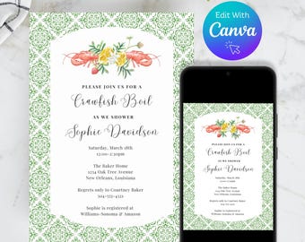 Puede incluir: Una invitación con estampado verde y blanco para un shower de crawfish boil para Sophie Davidson. La invitación incluye la fecha, la hora, la ubicación y la información de RSVP. La invitación presenta una ilustración de acuarela de cangrejos de río y flores.