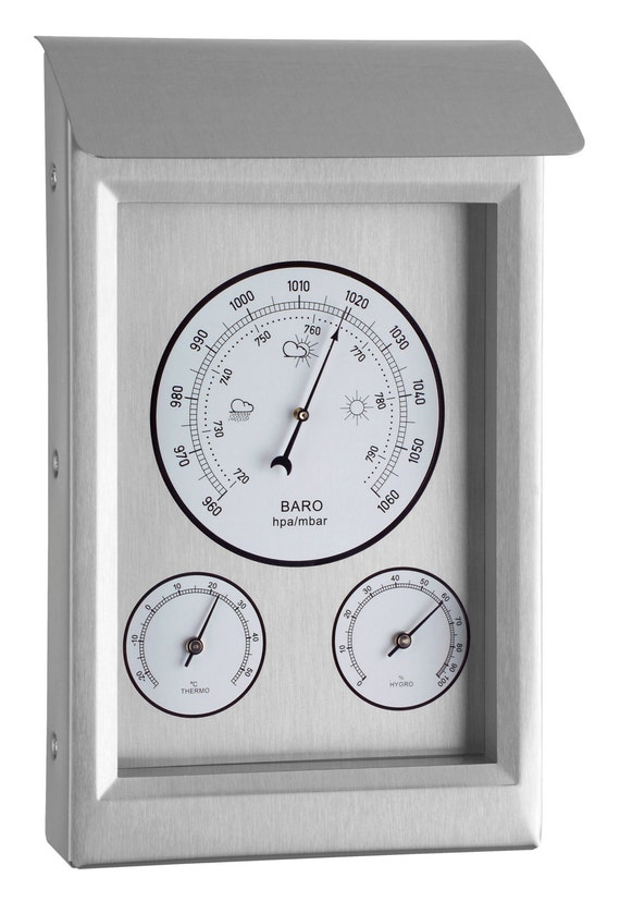 Modern Stainless Steel Outdoor Garden Weather Station - including a  Thermometer, Barometer & Hygrometer