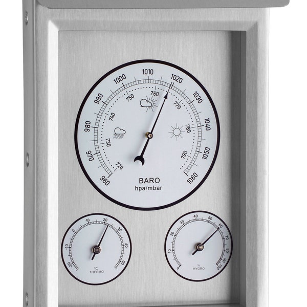 Modern Stainless Steel Outdoor Garden Weather Station - including a Thermometer, Barometer & Hygrometer