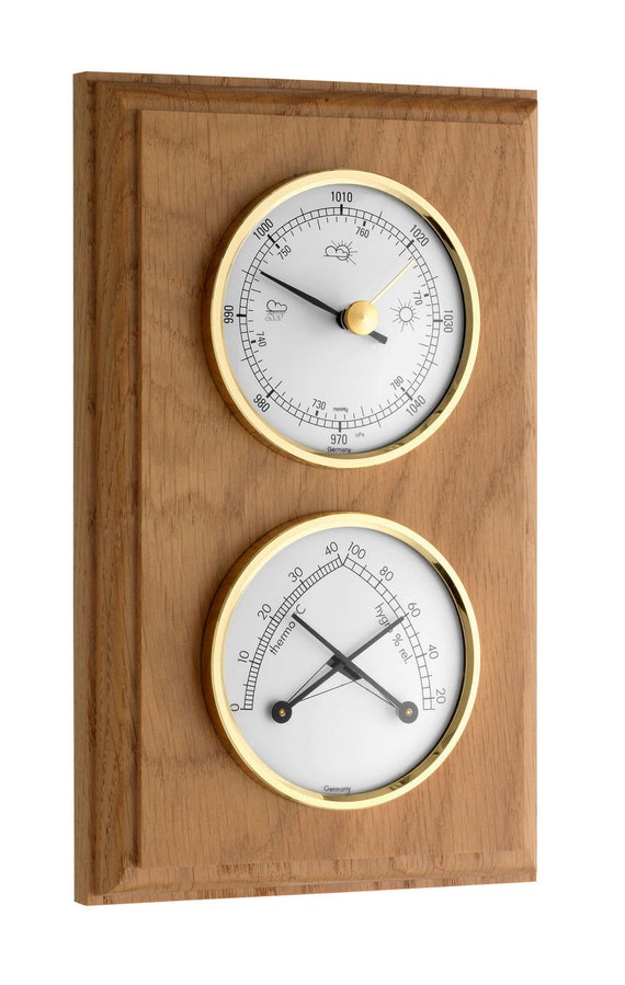 Oak and Brass Vintage-look Weather Station. Includes a Barometer,  Thermometer & Hygrometer. Handmade in Germany. 