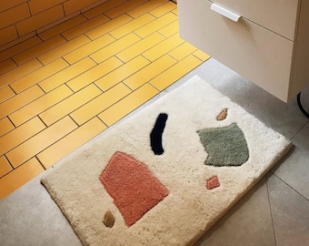 Wool Hand-knotted Bathmat, Geometric style, Abstract Bathmat