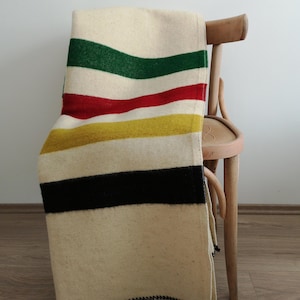 Puede incluir: Una manta color crema con rayas horizontales verdes, rojas, amarillas y negras, sobre una silla de madera. La manta tiene un aspecto texturizado y un borde cosido negro. La imagen también incluye el texto "FREE EXPRESS DELIVERY Duties and taxes paid".