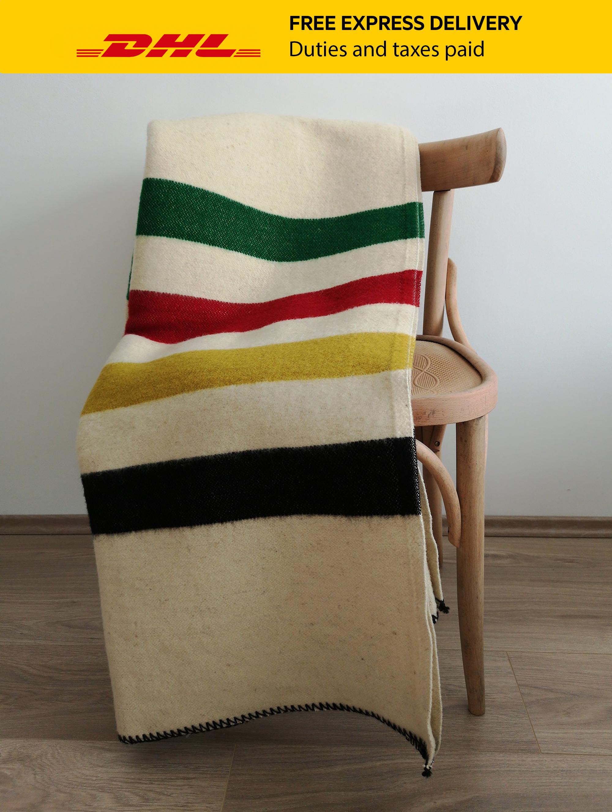 Handmade Hudson Bay Style Wool Blanket: Striped Cabin Throw