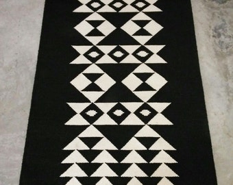 Flat Handmade rug, Modern black and white carpet,