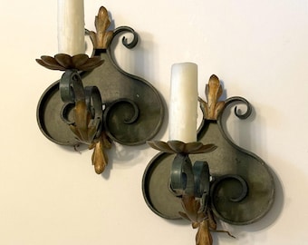 Pair of French Hand Painted Sconces with forest green patina, wired for mounting