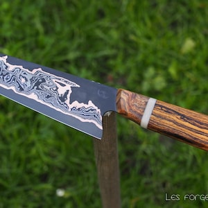 Couteau santoku 182mm, damas cuivre, bois de bocote