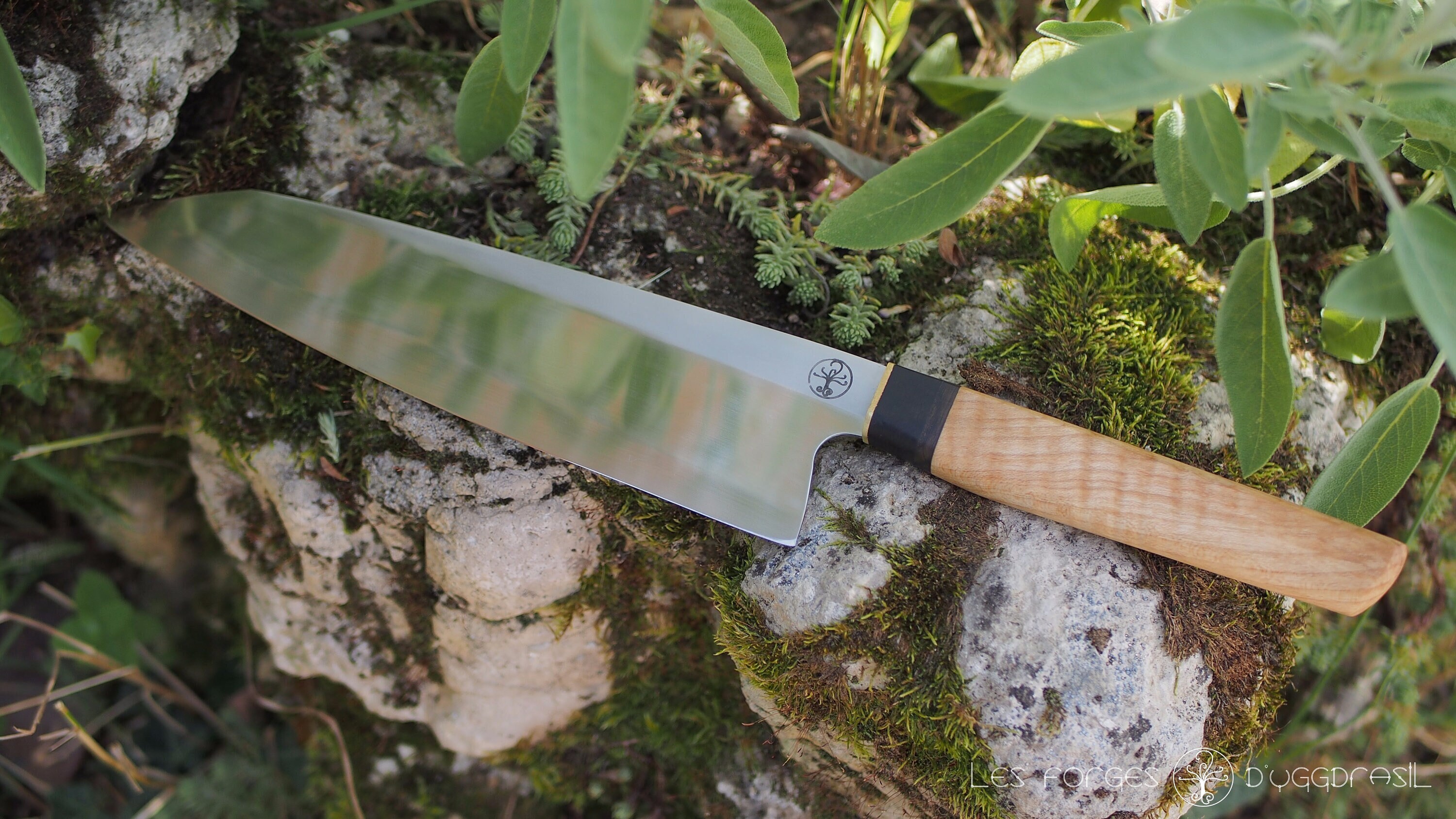 Gyuto 220mm de Lame Inox, Mokume Gane, Ébène et Frêne