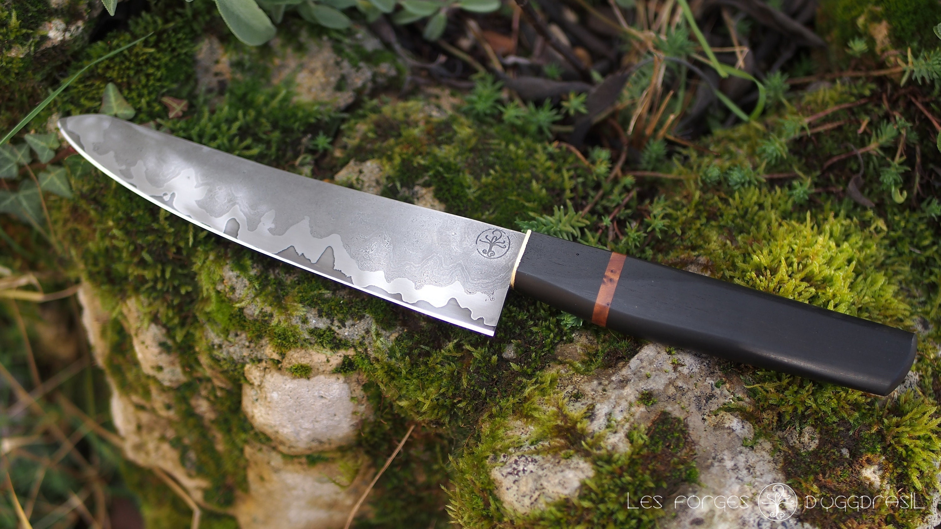 Gyuto 175mm de Lame, Damas, Mokume Gane, Ébène Te Loupe Thuya