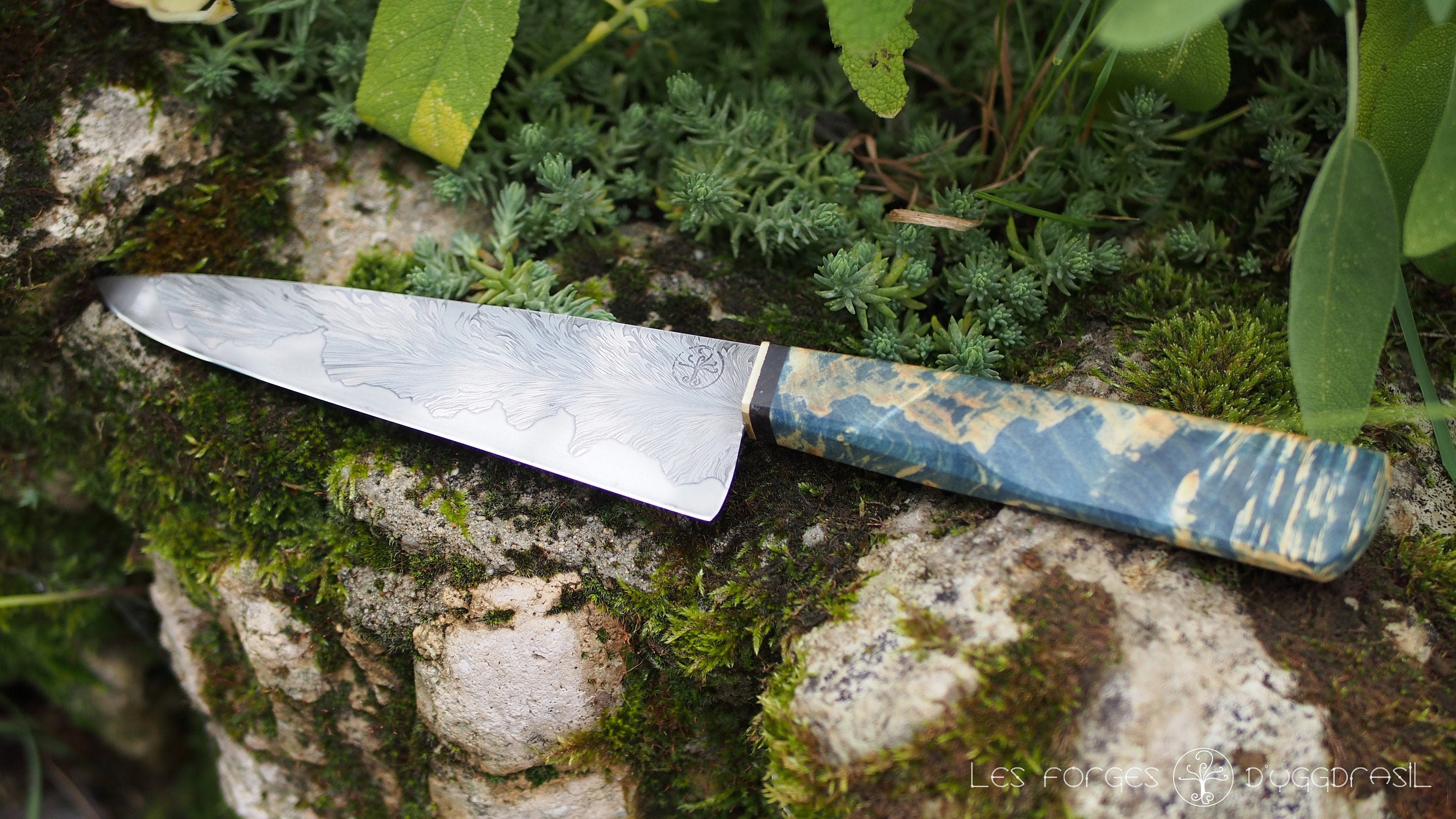 Couteau de Chef Damas 167mm, Mokume Gane, Morta et Loupe d'érable